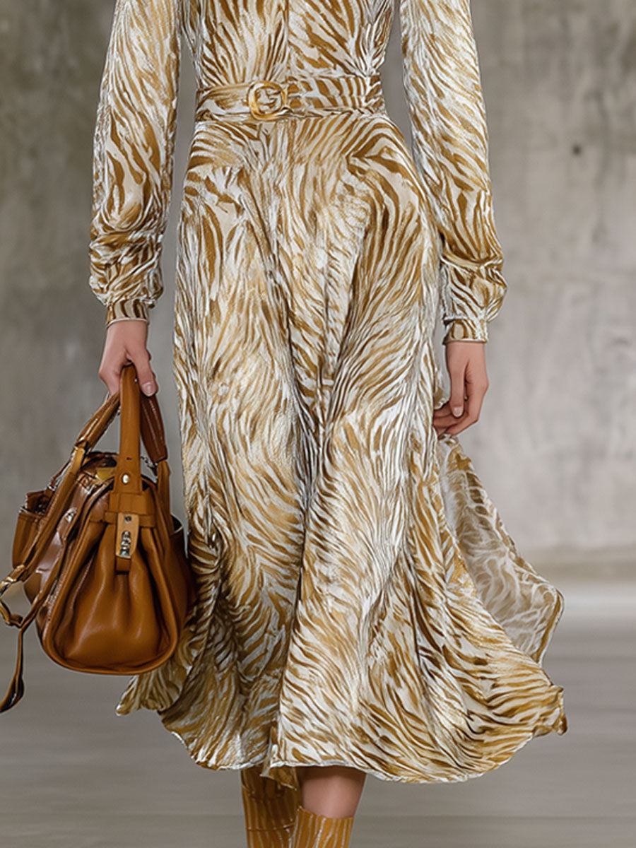 Fashion Retro Champagne Velvet Gold Zebra Pattern Long-Sleeved Midi Dress