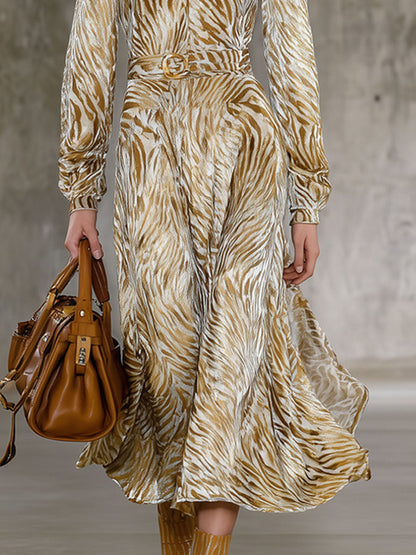 Fashion Retro Champagne Velvet Gold Zebra Pattern Long-Sleeved Midi Dress