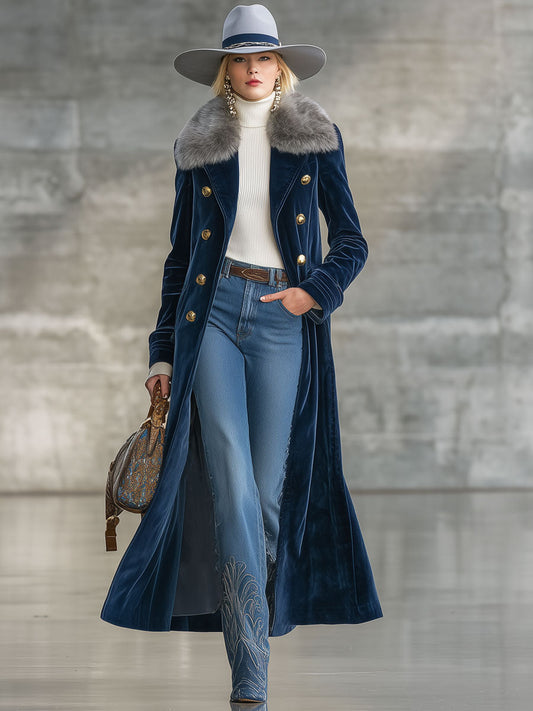 Fashion Retro Navy Blue Velvet Fur Collar Long Coat