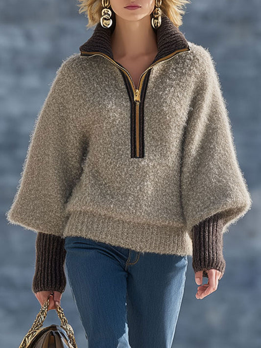 Fashion Vintage Khaki Mohair Zipper Sweater
