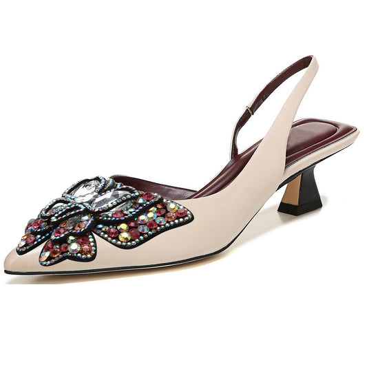 Beige Pointed Toe Kitten Heel Slingback Pumps with Butterfly