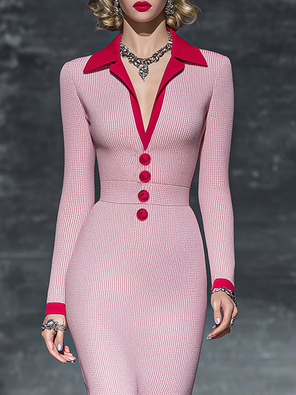 Fashionable And Exquisite Contrast Lapel Red Hem Pink Waffle Midi Dress