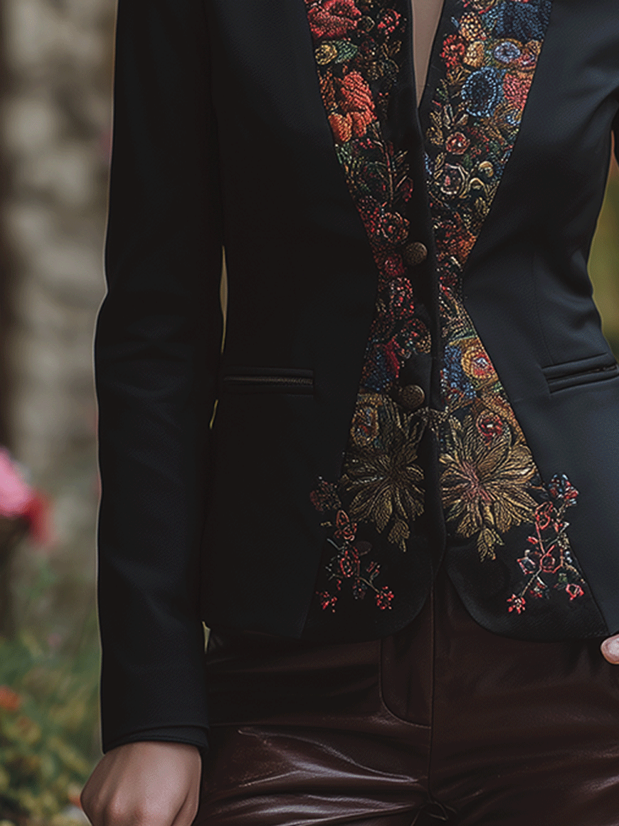 Elegant Lapel Black Floral Embroidered Blazer