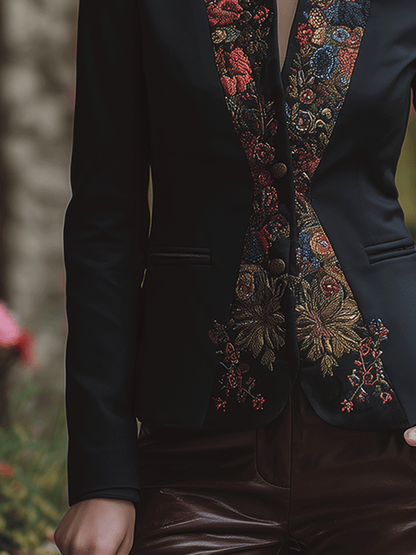 Elegant Lapel Black Floral Embroidered Blazer