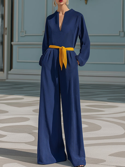 Elegant Wide-Leg Set With Yellow Waist Tie