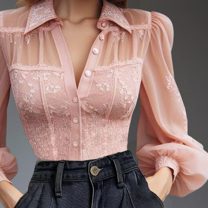Elegant Lace Lantern Sleeve Shirt Collar Button Blouse