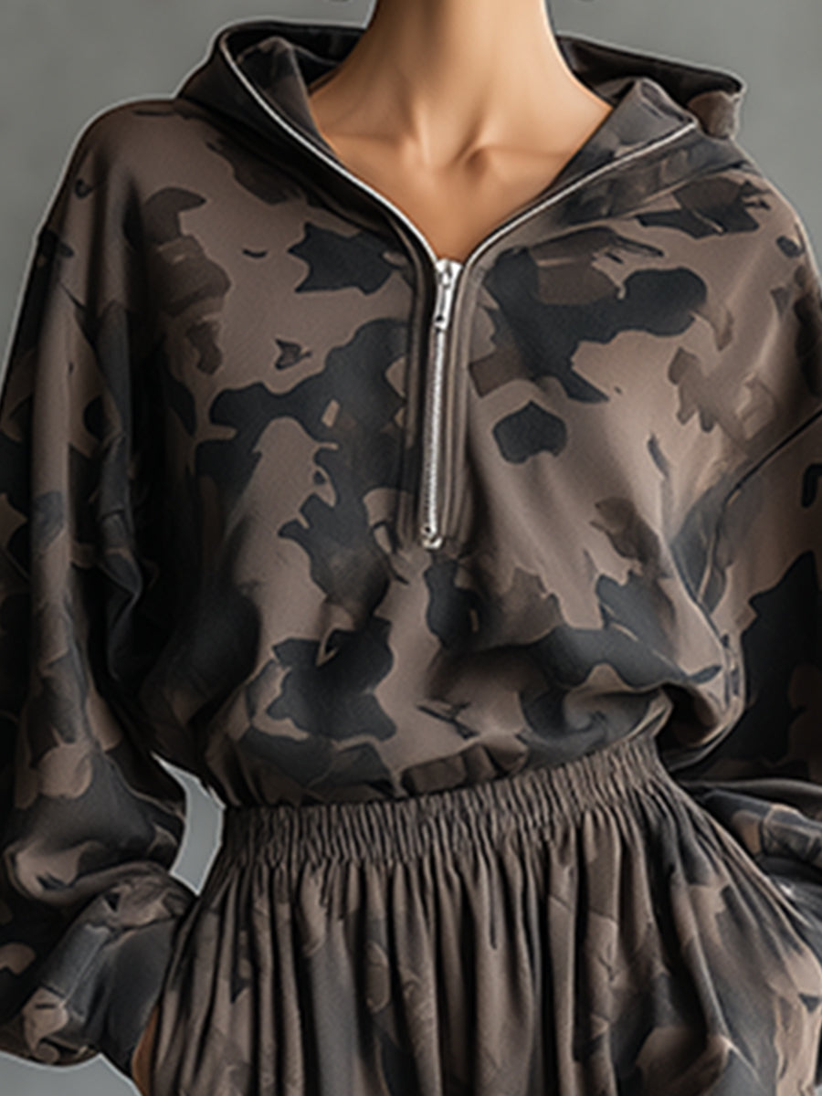Fashionable Casual Brown Camouflage Print Hooded Half-zip Long-sleeved Midi Dress