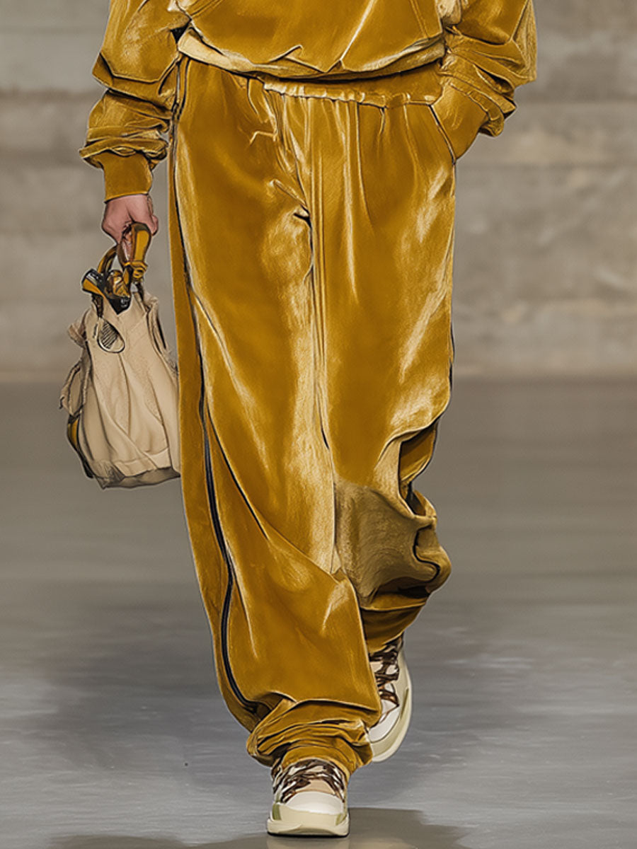 Fashion Retro Gold Velvet Hooded Sweatshirt Wide-Leg Pants Sports Set