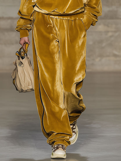 Fashion Retro Gold Velvet Hooded Sweatshirt Wide-Leg Pants Sports Set