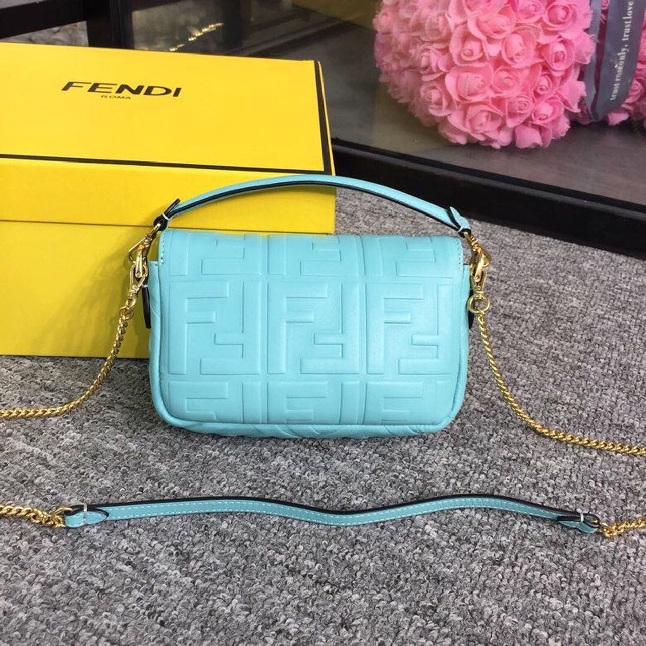 FI Baguette Nappa Light Blue For Women, Handbags, Shoulder And Crossbody Bags 7.4in/19cm FF 8BS017