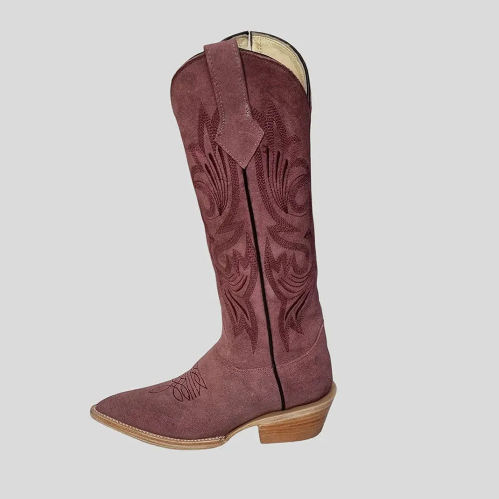 Dusty Purple Faux Suede Embroidered Mid-Calf Snip Toe Cowgirl Boots