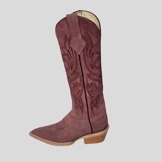Dusty Purple Faux Suede Embroidered Mid-Calf Snip Toe Cowgirl Boots