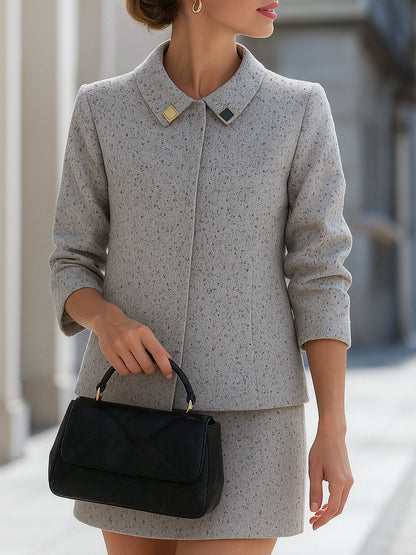 Elegant Textured Wool-Blend Two-Piece Skirt Suit