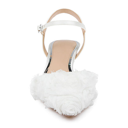 Elegant White Lace Rose Pointed Toe Ankle Strap Wedding Heels