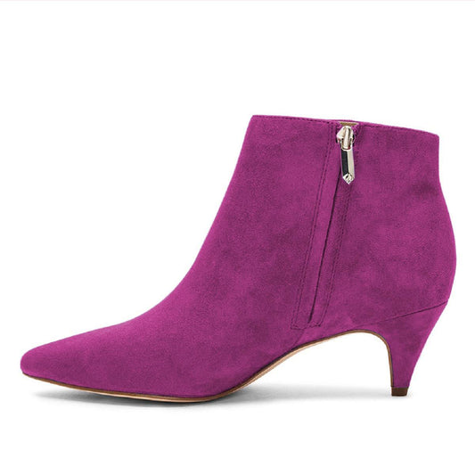 Elegant Purple Vegan Suede Pointed Toe Kitten Heel Ankle Boots