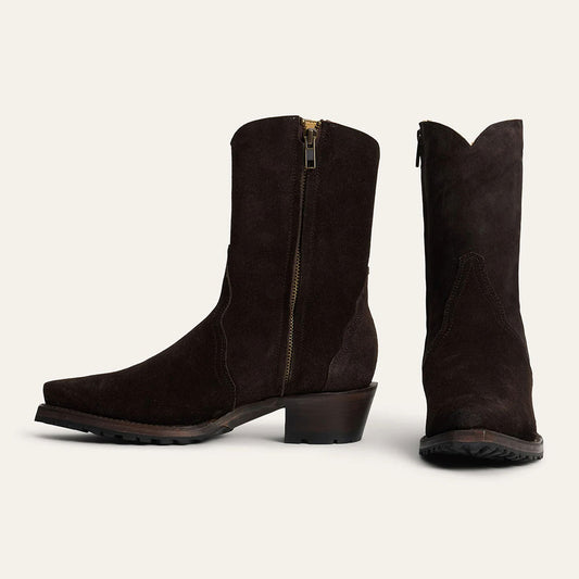 Dark Brown Snip Toe Zipper Mid Calf Cowgirl Boots with Chunky Heels