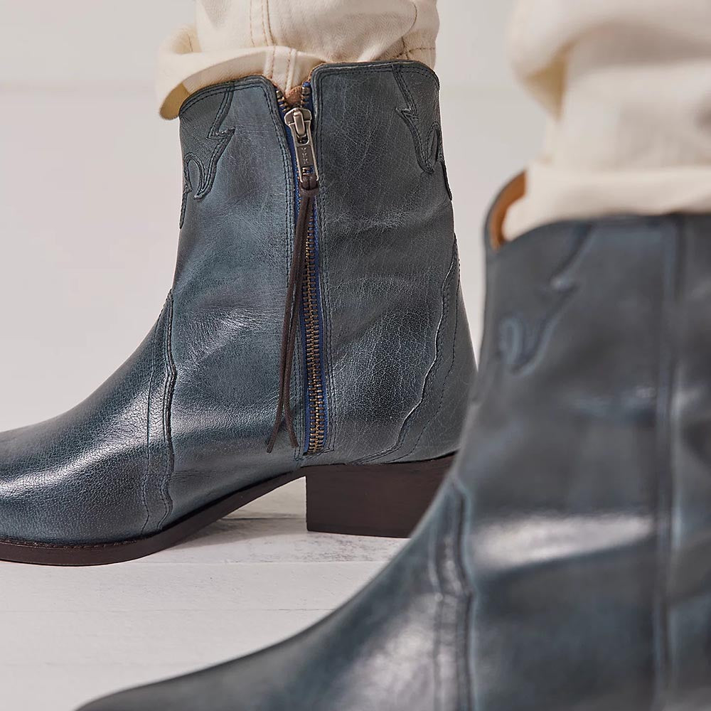 Fashion Navy Pointed Toe Zipper Ankle Boots with Chunky Heel