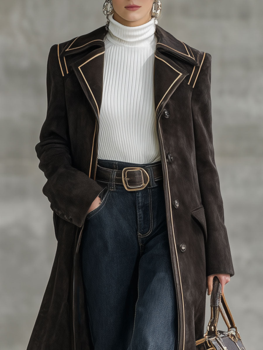 Fashionable Retro Web-Trimmed Cocoa Brown Faux Suede Long Coat