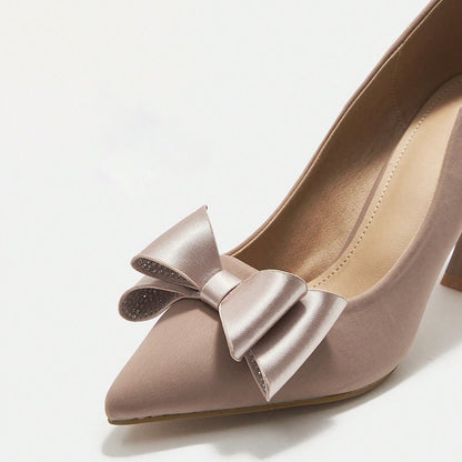 Beige Faux Suede Closed Toe Flared Heel Bow Pumps