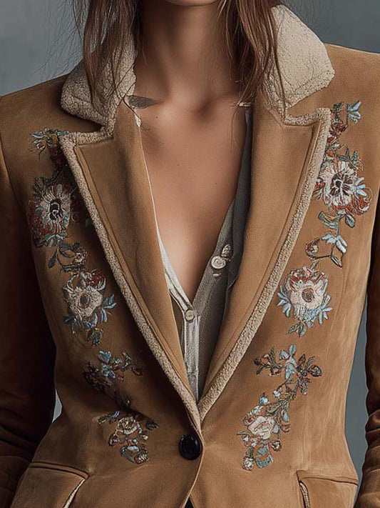 Embroidered Suede Blazer With Shearling Trim