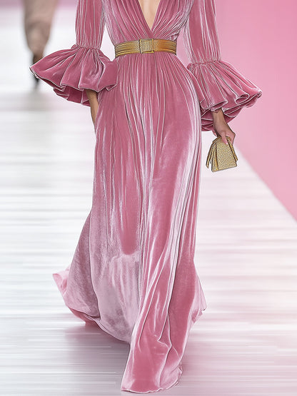 Elegant And Gorgeous Pink V-neck Velvet Long-sleeved Maxi Dress