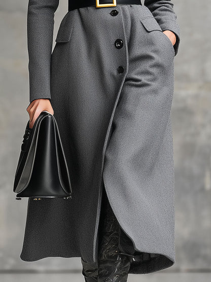 Elegant And Fashionable Gray Button Mid-Length Woolen Coat