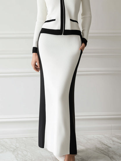 Fashionable Workplace Black Trim White Knitted Cardigan Skirt Set