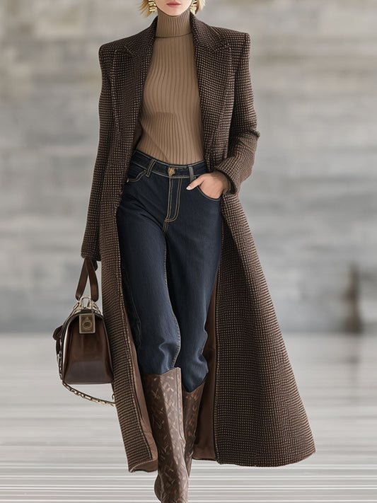 Fashion Retro Brown Houndstooth Wool Long Coat