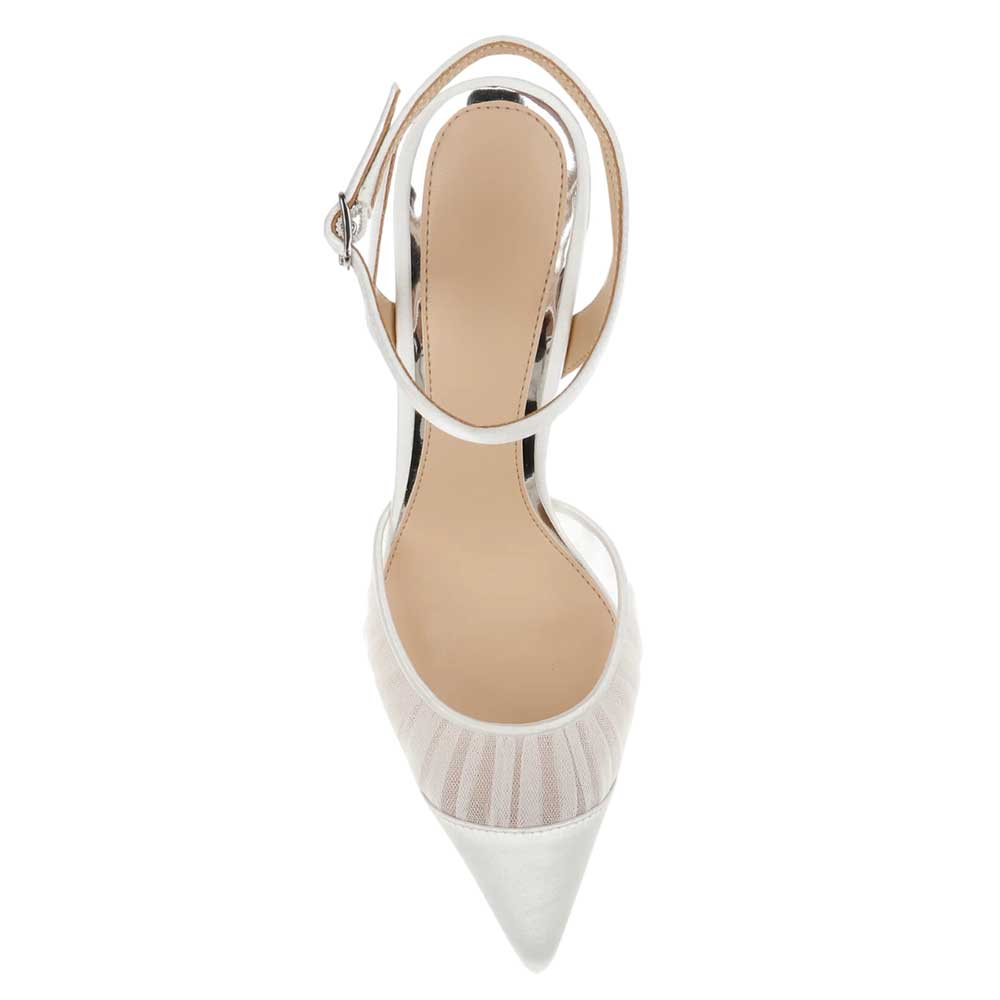 Elegant White Mesh & Satin Pointed Toe Pumps Shoes with Ankle Strap
