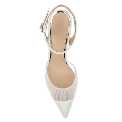 Elegant White Mesh & Satin Pointed Toe Pumps Shoes with Ankle Strap