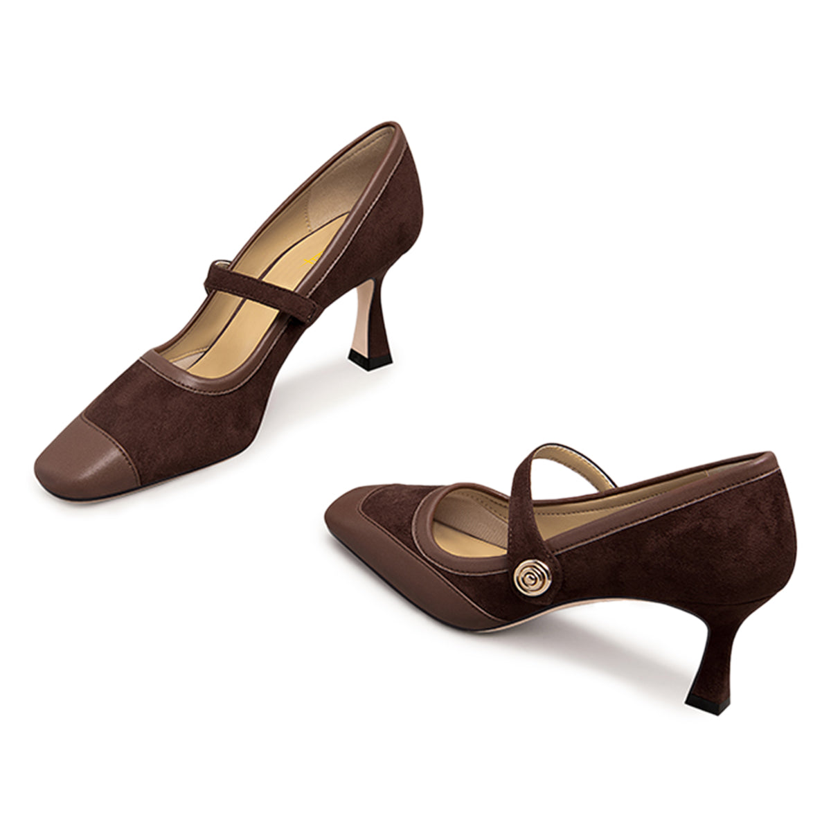 Elegant Brown Square Toe Patchwork Kitten Heel Mary Jane Pumps