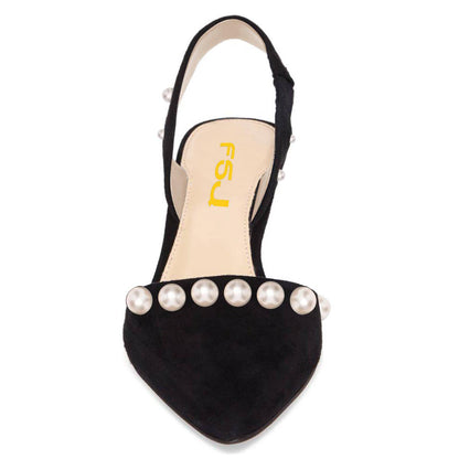 Elegant Black Vegan Suede Elastic Slingback Pumps Heels with Pearl