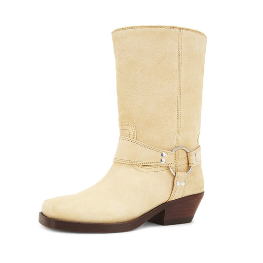 Beige Square Toe Hardware Ring Strap Women's Motorcycle Boots