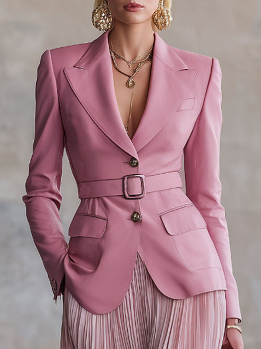 Elegant Pink Belted Blazer And Pleated Skirt Set