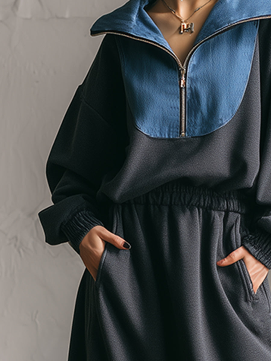 Fashion Casual Denim Collar Dark Grey Half-zip Sweatshirt Sports Maxi Dress