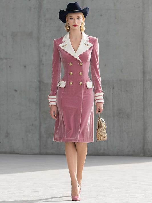 Elegant Vintage Exquisite Contrast Lapel Double-breasted Light Pink Velvet Midi Dress