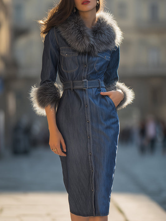 Elegant Denim Midi Dress With Faux Fur Collar And Cuffs