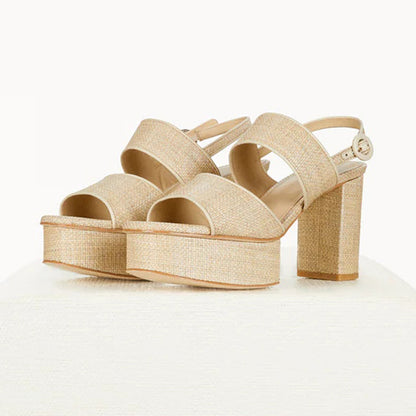 Beige Open Toe Chunky Heel Singback Sandals with Platform