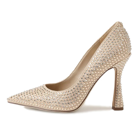 Elegant Beige Rhinestone Pointed Toe Spool Heel Pumps for Women