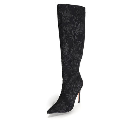 Elegant Black Floral Pattern Pointed Toe Stiletto Heel Tall Boots