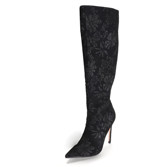 Elegant Black Floral Pattern Pointed Toe Stiletto Heel Tall Boots