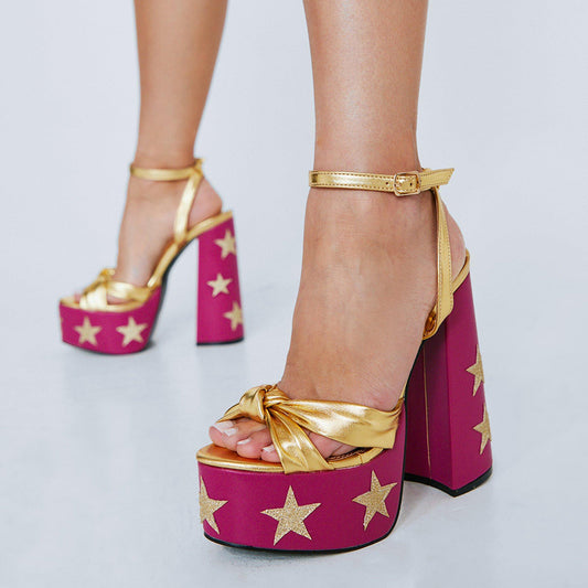 Gold & Pink  Opened Toe Knot Design Ankle Strappy Star Platform Sandals With Chunky Heels