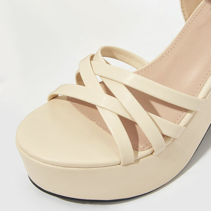 Beige Open Toe 3'' Chunky Heel Strappy Platform Sandals
