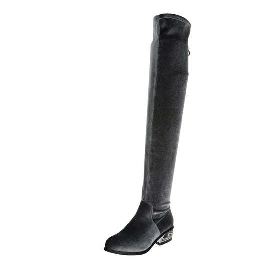 Deep Grey Round Toe Decorative Heel Fringe Tie Long Boots with Zipper
