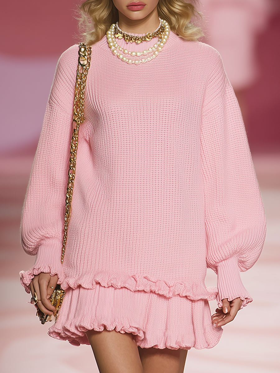 Elegant And Romantic Pink Knitted Mini Dress With Ruffled Hem