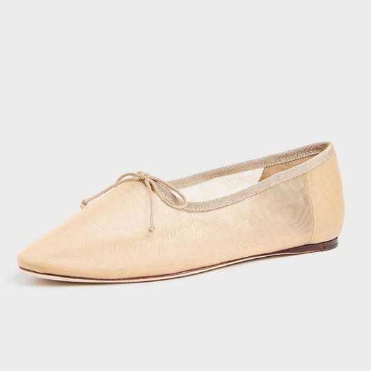 Beige Mesh Round Toe Flat Bow Inlay Sophisticated Ballet Shoes