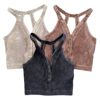 Washed Ribbed Henley Button Cropped Tank Top