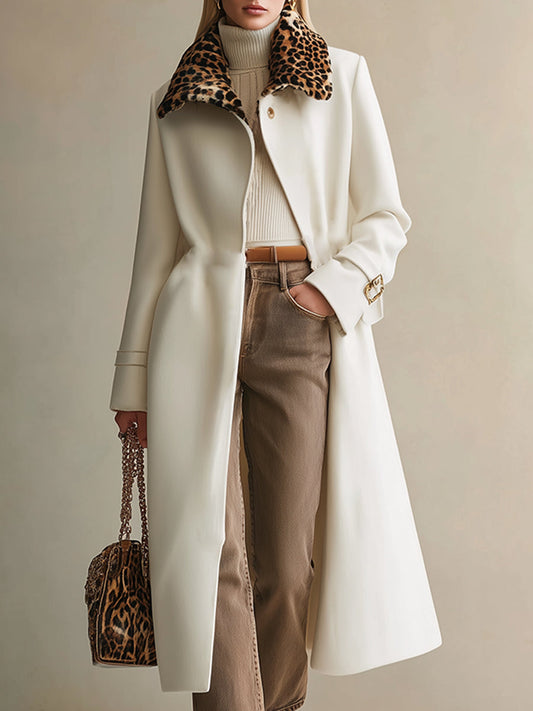 Elegant Urban Leopard Fur Collar Cream White Long Wool Coat