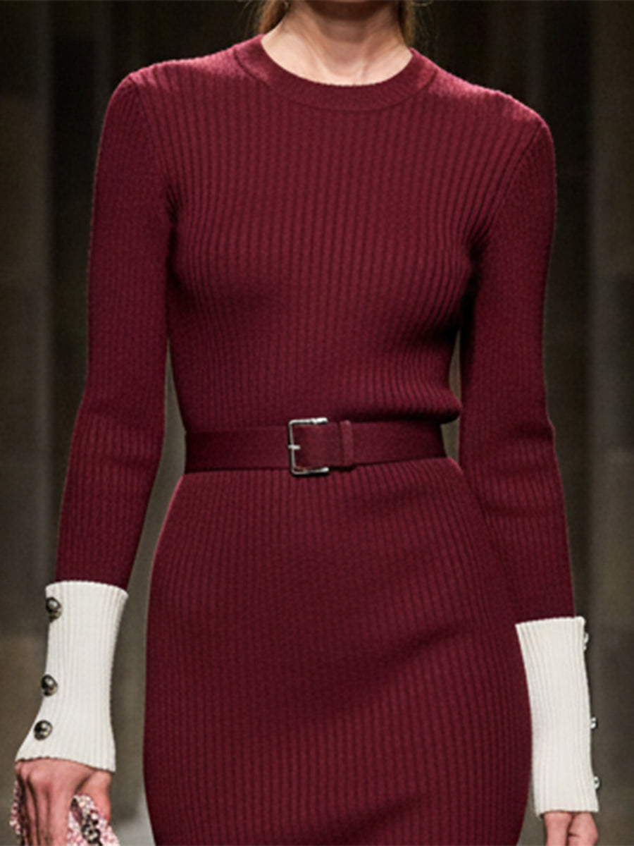 Angora Red Knitted Stitching White Round Neck Midi Dress