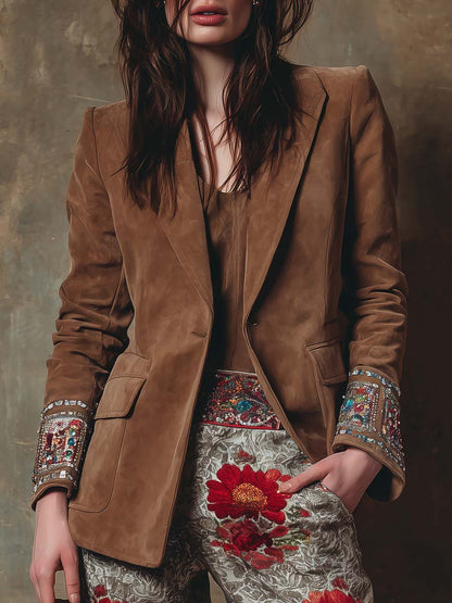 Embroidered Cuff Suede Blazer